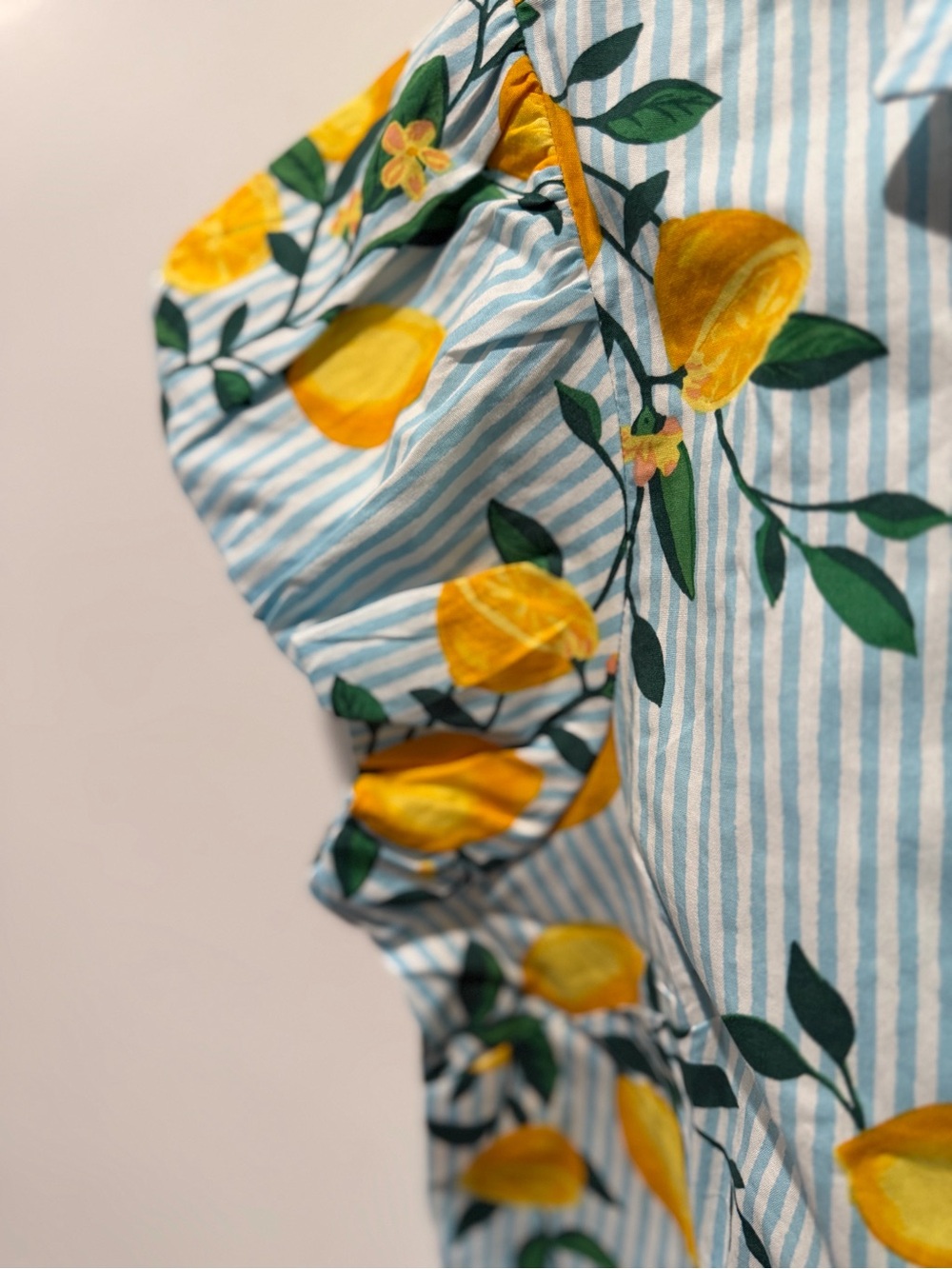 J.Crew Puff Sleeve Cotton Poplin Blouse Blue Stripe Lemon Print Top M NEW - Picture 4 of 5